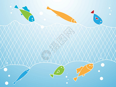 蓝色网渔业和捕鱼网插画