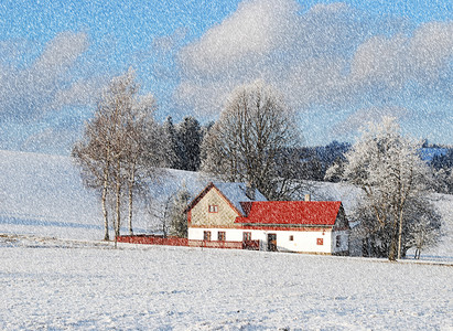 冬季小屋下雪白色天气红色多云天空房子树木季节背景图片