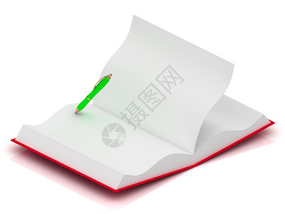 用绿色笔用红色封面打开笔记纸背景图片
