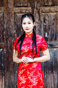 中华女子在传统的中国青桑祝福下女士幸福戏服问候语裙子女性新娘文化服装保佑背景图片