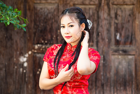 中华女子在传统的中国青桑祝福下新娘女士戏服广告女孩保佑文化服装女性幸福背景图片