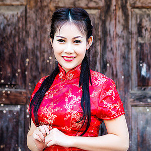 中华女子在传统的中国青桑祝福下保佑新娘问候语文化服装裙子幸福广告戏服女性背景图片