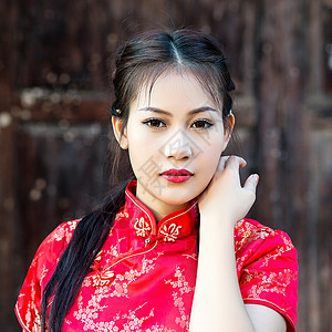 中华女子在传统的中国青桑祝福下幸福微笑广告戏服服装新娘问候语裙子文化女士背景图片