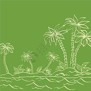 泰国海滩自然风景海岛 棕榈树以绿色为轮廓海浪生态叶子棕榈木头热带椰子胰岛植物群海洋插画