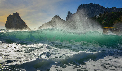 海波海浪微风支撑海岸岩石背景图片