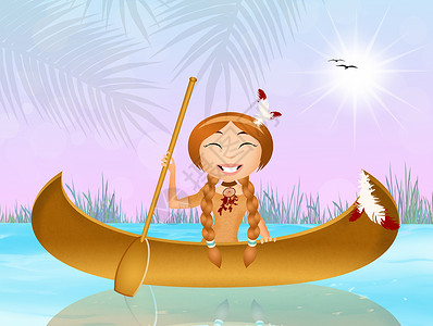 印第安女童图腾庆典卡通片插图文化雕塑木头艺术独木舟装饰背景图片