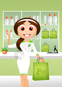生物商店生态食物插图零售市场绿色店铺环境陈列柜背景图片