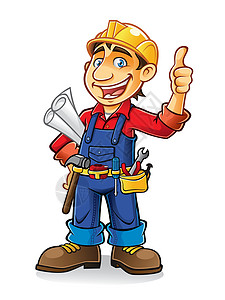 拿锤子男人建筑工人卡通片套装成人衣服工作服微笑专家修理工牛仔布职业插画