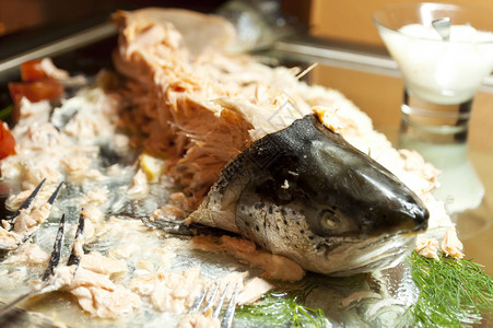偷猎的鲑鱼专业水煮法庭客栈食物烹饪自助餐餐厅海鲜背景图片