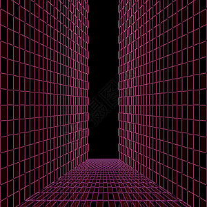 两面墙间的玻璃桥辉光粉色红色网格插图平台隧道黑色背景图片