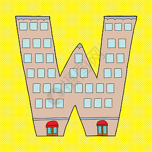 W酒店布吉林住宅插图黄色剪贴化身公寓建筑卡通片手绘字母背景图片