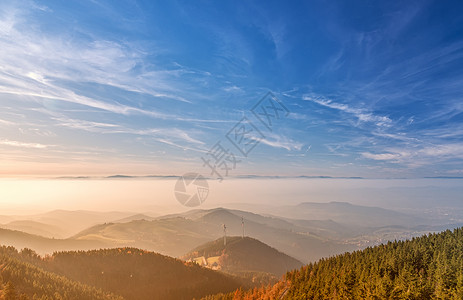 黑森林太阳树木坐骑蓝色剪影山峰国家天空日落阳光背景图片