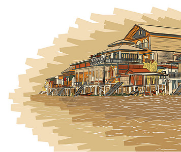罗托鲁瓦湖Canalside 大楼插图家园艺术品棕色海岸房屋海岸线绘画建筑学草图插画