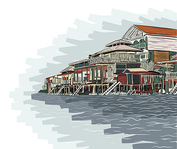 安费瓦Canalside 大楼艺术品水路房屋插图海岸线家园建筑学社区绘画艺术插画