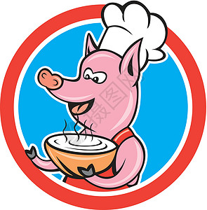 刨猪汤猪厨厨师保杯碗圆环服务食物工人食品圆圈帽子面包师动物插图艺术品插画