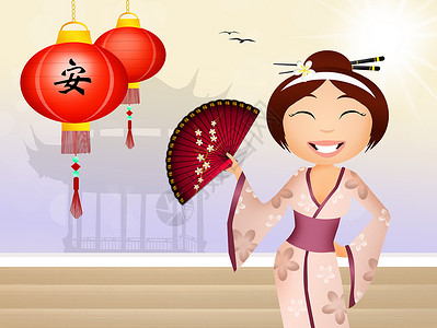 艺伎微笑寺庙卡通片钟声新年女性宝塔玩具文化灯笼背景图片