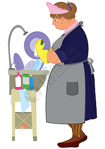 洗碗布穿黄色手套洗碗的卡通妇女插画