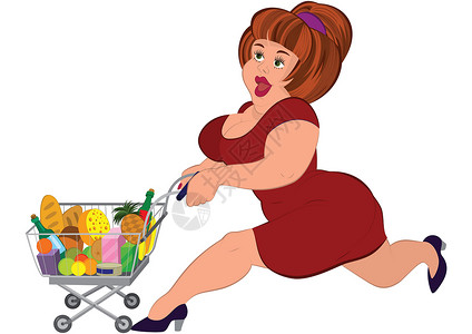 穿红裙子的卡通胖女人 用杂货车跑来跑去背景图片