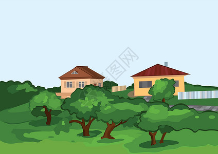 配有绿树的卡通乡村房屋背景图片