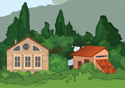 配有树木的卡通乡村房屋背景图片