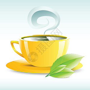 茶黄矿黄杯热茶一对热茶谷的矢量插图树叶厨房早餐玻璃液体咖啡店制品飞碟草本植物食物插画