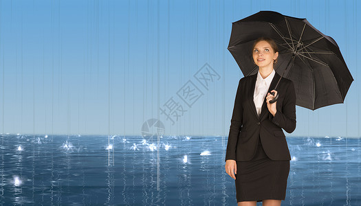 拥有保护伞的女商务人士成人运动雨滴秘书衬衫夹克黑色下雨蓝色商业背景图片