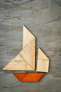 黑方拼图中的抽象帆船红色板岩石头正方形木头游戏七巧板游艇三角形背景图片