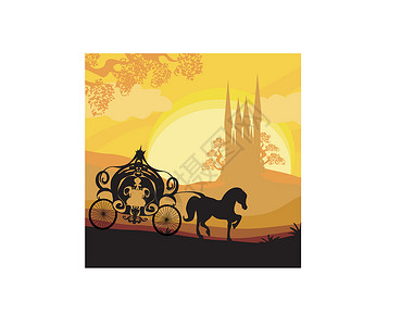 马车剪影一辆马车和中世纪城堡的轮椅运输天空插图夹子月亮想像力爬坡道树木建筑历史插画