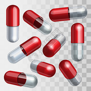 红色胶囊位于不同位置的一套红色和透明的医疗胶囊 用于不同位置设计图片