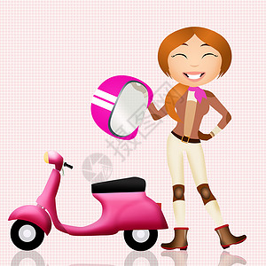 女骑摩托车手夹克运输摩托车安全头盔女孩卡通片插图套装车手背景图片