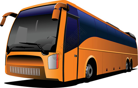 童年时光巴士公路上的橙色旅游巴士 教练 城市公共汽车 矢量光柱设计图片