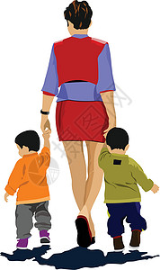 绑手带母亲带着两个孩子走路 矢量插图插画