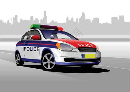 警车在城市全景背景上 矢量插图背景图片