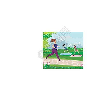 公园内操练团体跑步肥胖重量活动节食组织腹部花朵幸福插画