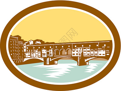 佛罗伦萨老桥庞特韦奇奥佛罗伦萨伍德克旅游建筑地标椭圆形建筑学木刻插画