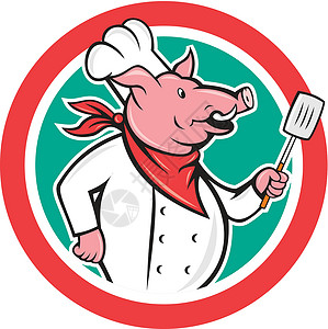 用勺子猪猪厨师 手持斯帕图拉圆环圆圈动物勺子插图帽子食品面包师工人卡通片艺术品插画