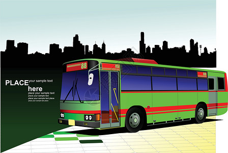 全镇全景绿红城市公共汽车 教练 矢量插图插画