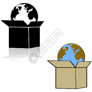 在一个盒子中的地球回收世界纸盒白色行星卡通片黑色绘画运输船运背景图片