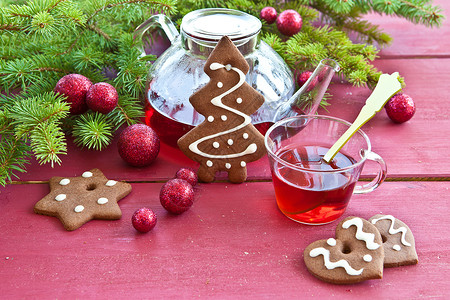 圣诞饮料茶和圣诞节饼干乡村粉色焙烤食物边帽零食松枝食品饮料时候背景