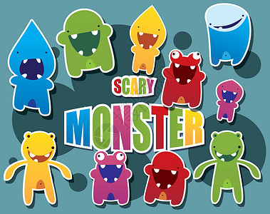 一组可爱的小怪物 在虚装的背景上 矢量手势玩具牙齿微笑生物动物卡通片漫画收藏吉祥物背景图片