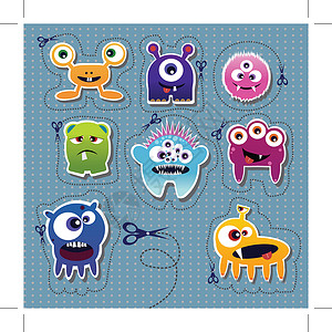 虚焦一组可爱的小怪物 在虚装的背景上 矢量卡片团体眼睛收藏面孔动物微笑吉祥物绘画变种人插画