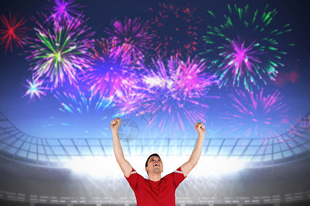 激动的足球运动员欢呼声综合画面运动运动服庆典齿轮世界体育场计算机汇演胜利微笑背景图片