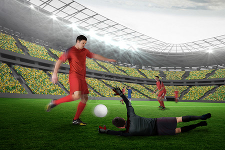 足球比赛的复合图像在进行中专注体育场球衣皮革竞技运动员人群跳跃绘图活动背景图片