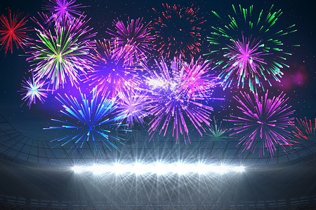在足球场上爆炸的烟花运动体育场绘图聚光灯世界杯子数字庆典计算机汇演背景图片