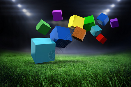 盒子彩色3d 彩色立方体 floatin 的复合图像运动数字沥青粉色橙子闲暇聚光灯蓝色绿色世界背景