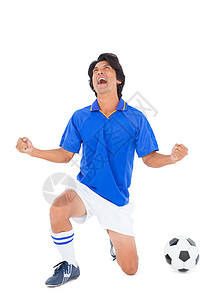 参加蓝色庆祝的足球运动员世界团队球衣优胜者播放器欣快感杯子胜利快乐幸福背景图片