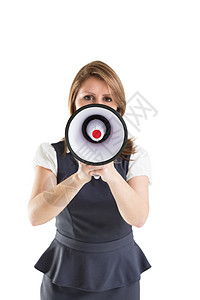 青年女商务人士大喊大叫女性扩音器人士公告女士扬声器沟通霸道商务背景图片
