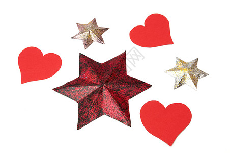 繁星多彩的星星和红心庆典装潢美丽红色白色装饰品金子季节乐趣反射背景图片