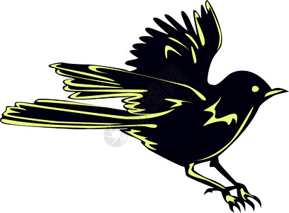 黄色肩膀黑鸟黑鸟麻雀在飞行中插画