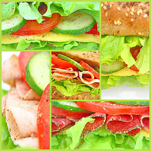火鸡火腿各种新鲜三明治的拼凑情况黄瓜蔬菜拼贴画垃圾饮食沙拉火腿框架午餐熟食背景